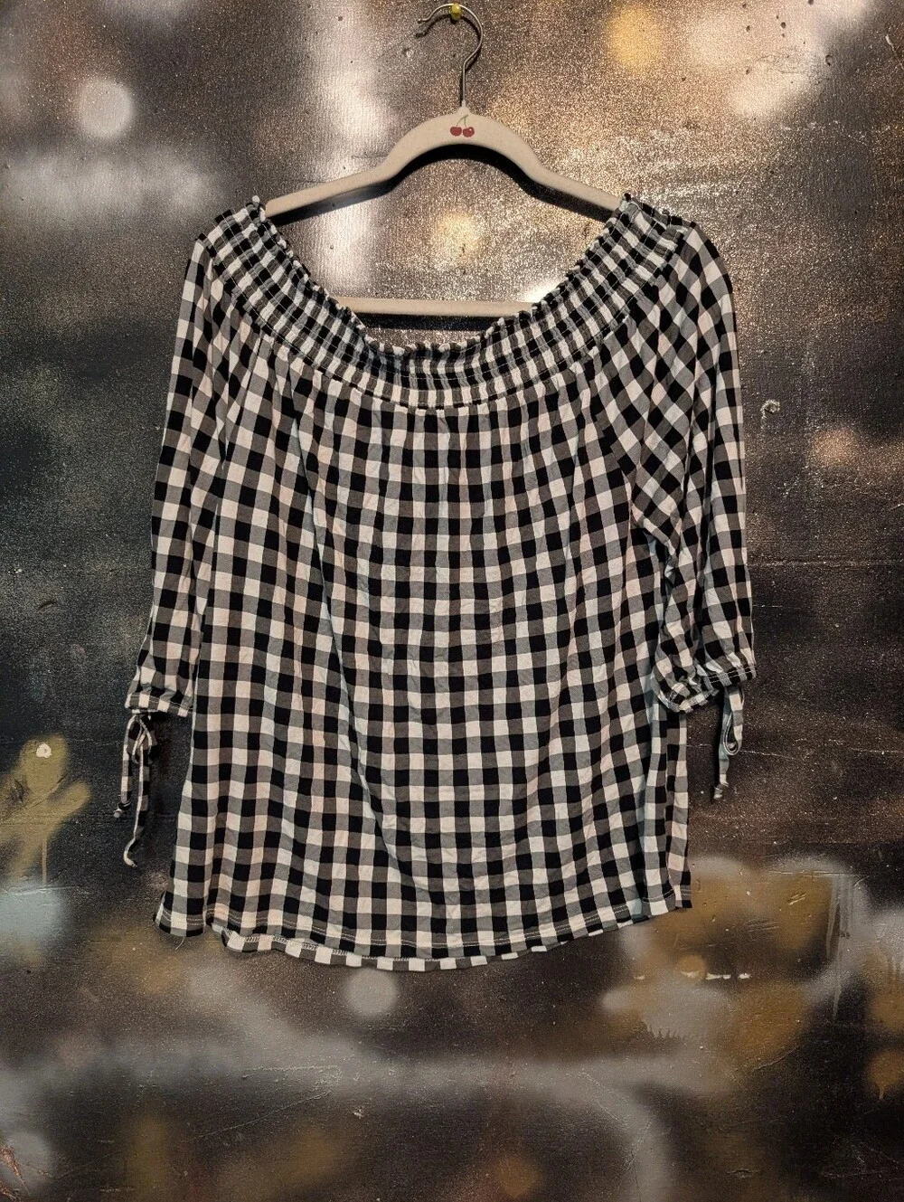 Women's Black and White Gingham Off-Shoulder Blouse